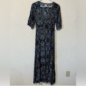 Earthbound Trading Co Women’s Blue Paisley Wrap Maxi Dress Size L Hippie 70 Vibe